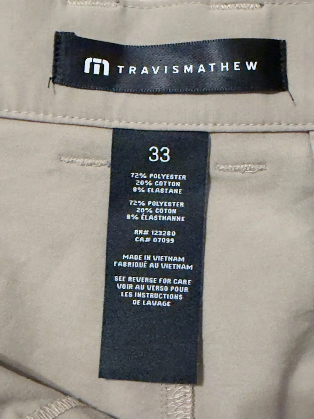TravisMathew The Beck Golf Shorts Men’s 33 Tan Khaki Stretch